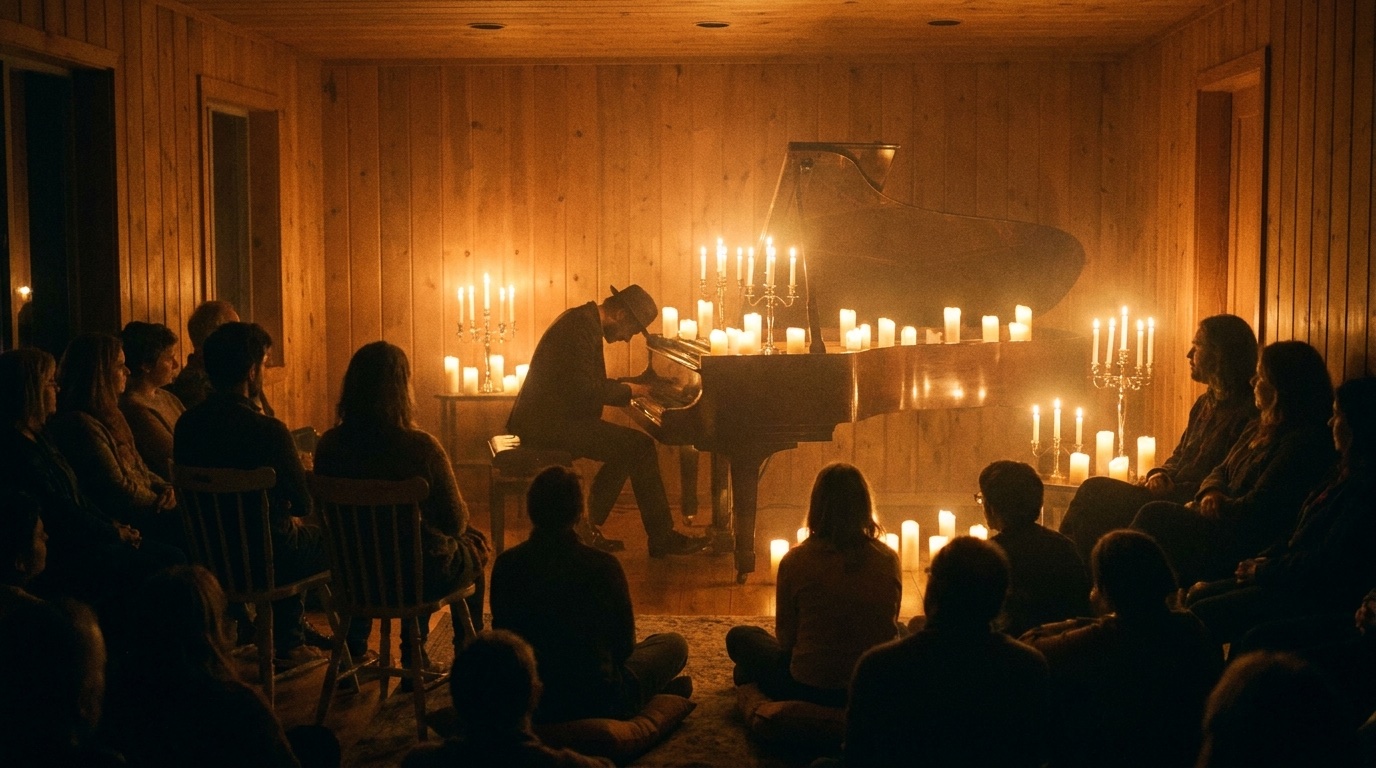 A pianist bent over a grand piano surrounded by dozens of lit candles, with a seated audience in near darkness