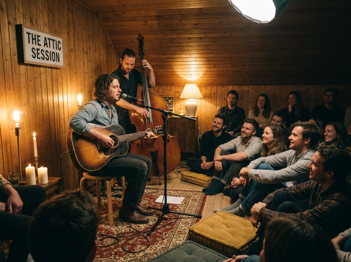 A singer with an acoustic guitar and an upright bassist playing to a small seated crowd in a wood-panelled attic room