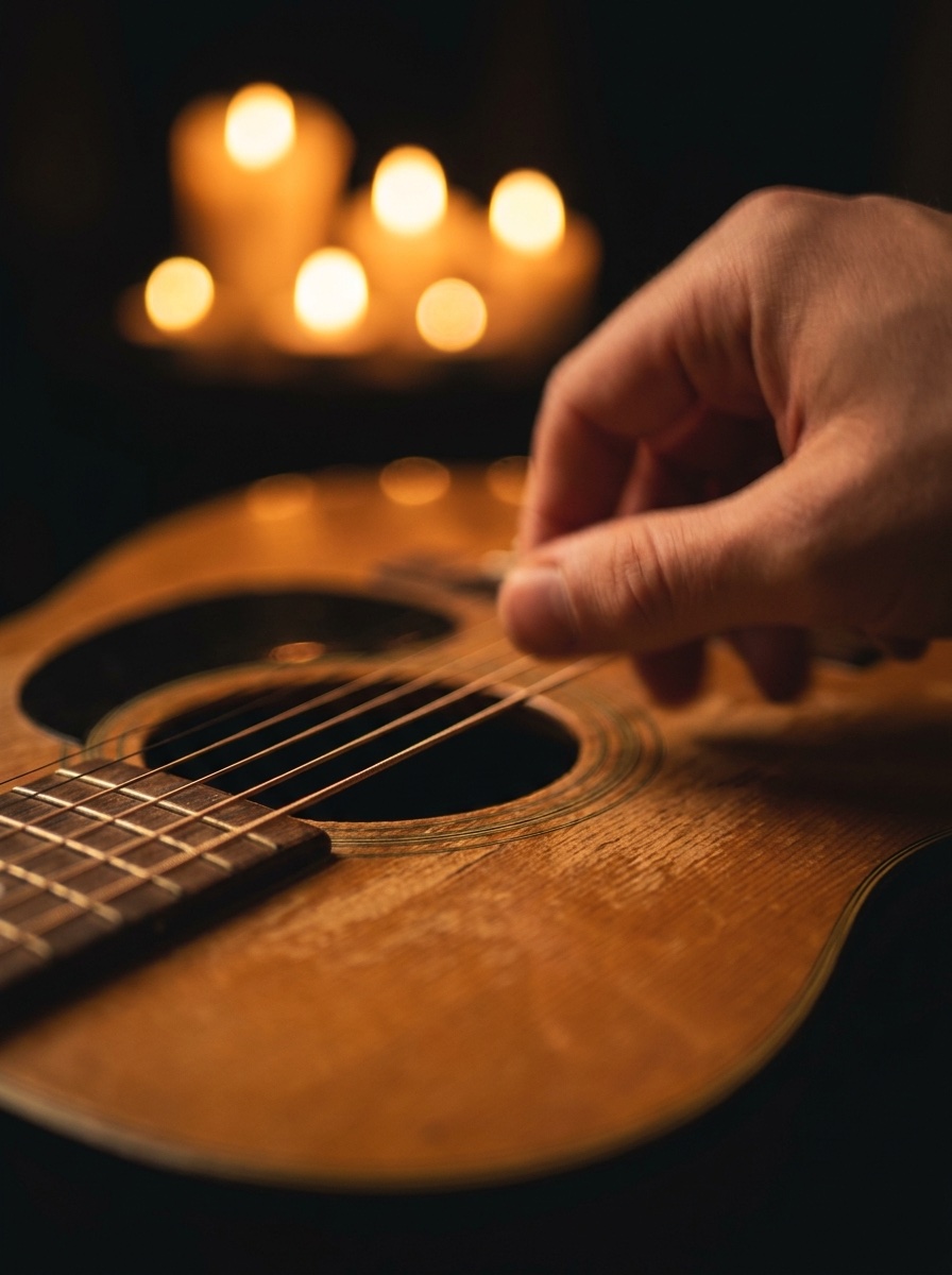 Close-up of a hand fingerpicking an acoustic guitar with blurred candle flames in the dark background